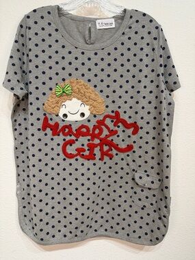 R. C. Fashion Grey Polka Dot 'Happy Girl' Tee XL with embroidery